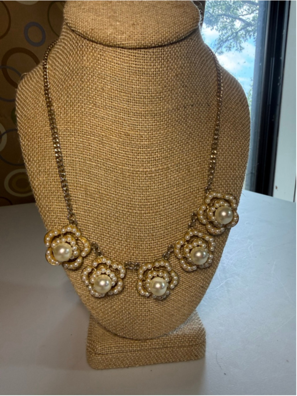 Charming Charlie Gold Tone Pearl Flower Statement Necklace